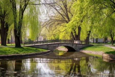 cobblestone bridge over a peaceful pond in a city park, created with generative aiの素材