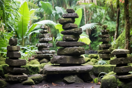 stacked stone cairns in a temple garden, created with generative aiの素材