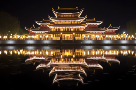 buddhist temple lit up at night, reflecting on still water, created with generative aiの素材