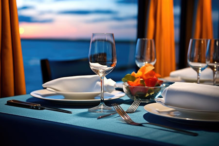 a table setting in a budget cruise dining room, created with generative aiの素材