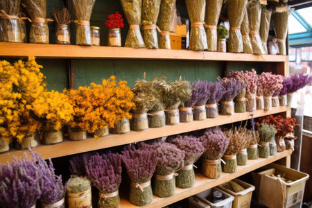 a stall with an array of dried flowers and herbs, created with generative aiの素材