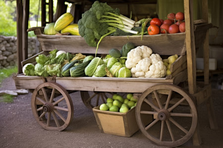fresh farm produce on a wooden cart, created with generative aiの素材