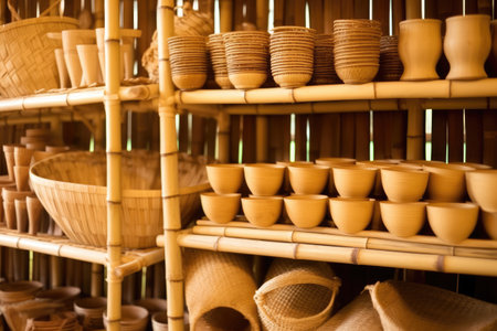 bamboo goods stacked neatly on a shelf, created with generative aiの素材