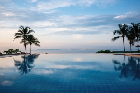 an infinity pool overlooking the ocean at a beach resort, created with generative aiの素材