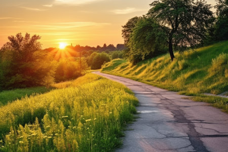 bike path over a hill with a beautiful sunrise, created with generative aiの素材