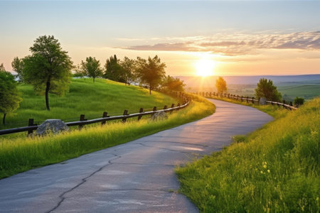 bike path over a hill with a beautiful sunrise, created with generative aiの素材