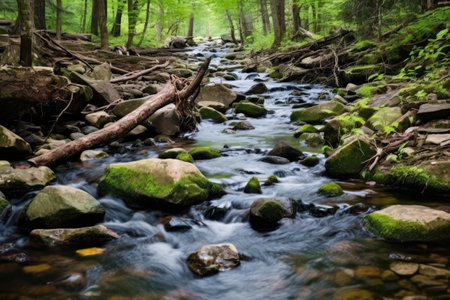 forest stream gurgling through stones with fishing equipment on the side, created with generative aiの素材