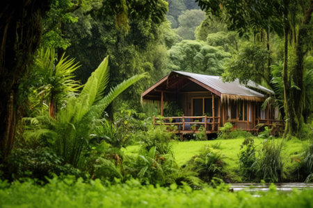 a small forest lodge surrounded by wildlife and flora, created with generative aiの素材