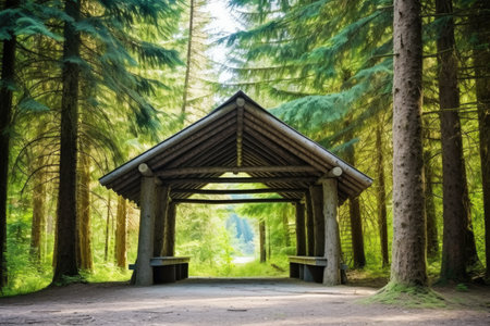 a wooden shelter under tall evergreen trees, created with generative aiの素材