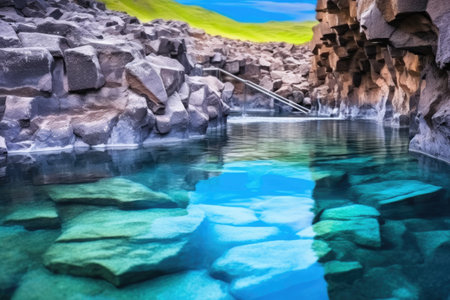 geothermal waters cascading down rocks into a hot spring pool, created with generative aiの素材