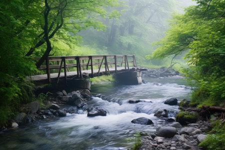a small bridge across a steamy hot spring creek, created with generative aiの素材