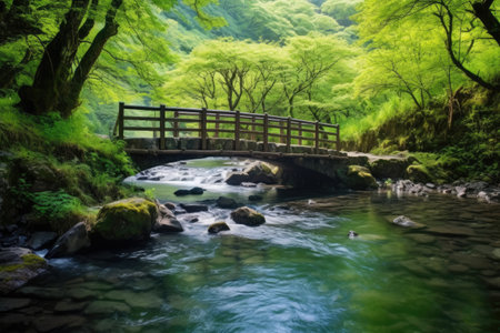 a small bridge across a steamy hot spring creek, created with generative aiの素材
