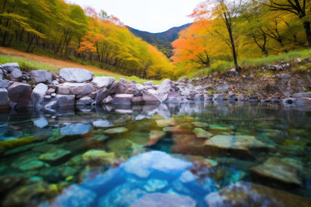 a hot spring amidst colorful autumn foliage, created with generative aiの素材