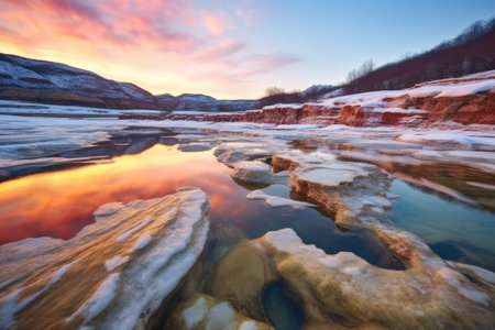the surface of a hot spring reflecting sunrise colors, created with generative aiの素材