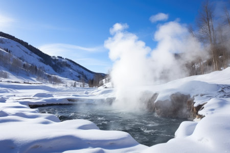 steam rising from a hot spring surrounded by snow, created with generative aiの素材