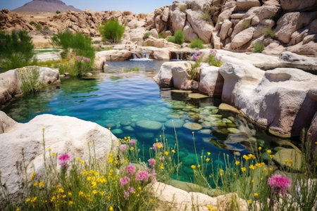 a hot spring surrounded by wildflowers and rugged boulders, created with generative aiの素材
