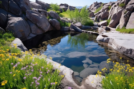 a hot spring surrounded by wildflowers and rugged boulders, created with generative aiの素材