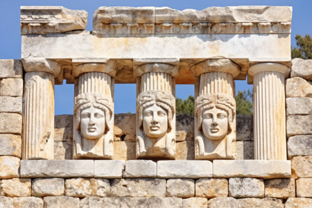 close-up of carved stone pediment on greek temple, created with generative aiの素材