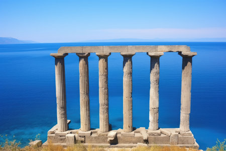 temple remains against a blue sea in the backdrop, created with generative aiの素材
