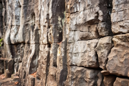 close-up shot of cracked stone surfaces of temple ruins, created with generative aiの素材