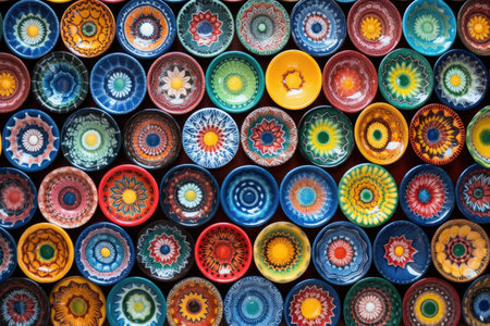 a kaleidoscope of painted ceramic plates arranged by color, created with generative aiの素材