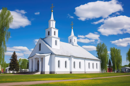 a white mission-style church with a bell tower, created with generative aiの素材