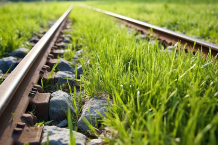 detailed view of worn train tracks against grass, created with generative aiの素材