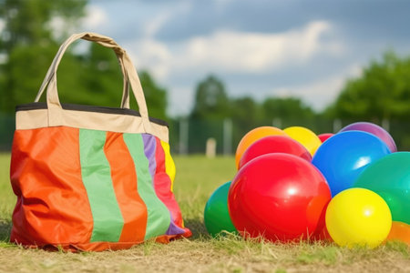 close-up shot of a balloons sandbag and basket, created with generative aiの素材