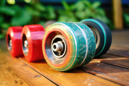 close-up of retro skateboard wheels on wood, created with generative aiの素材