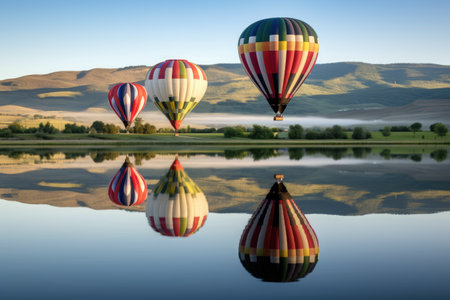 multiple hot air balloons reflected in a calm lake, created with generative aiの素材