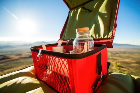 first aid kit visible inside the basket of a hot air balloon, created with generative aiの素材