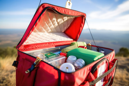 first aid kit visible inside the basket of a hot air balloon, created with generative aiの素材