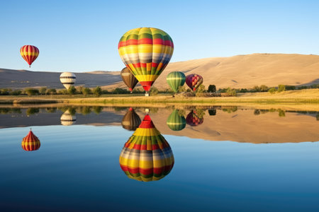 hot air balloons reflected in calm water, created with generative aiの素材