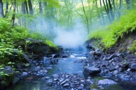 a steaming hot spring in a dense forest, created with generative aiの素材