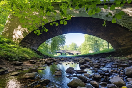under-arch perspective view of a stone bridge, created with generative aiの素材
