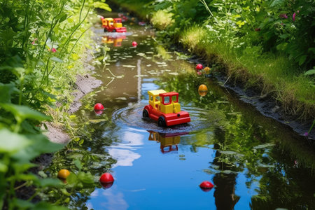 toy boat ride in a small water course, created with generative aiの素材