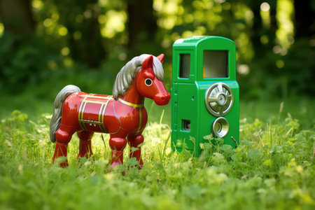 coin-operated toy horse on green space, created with generative aiの素材