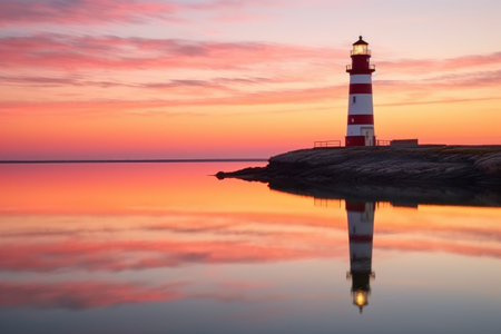 lighthouse at dawn with sunrise colours reflected in calm water, created with generative aiの素材