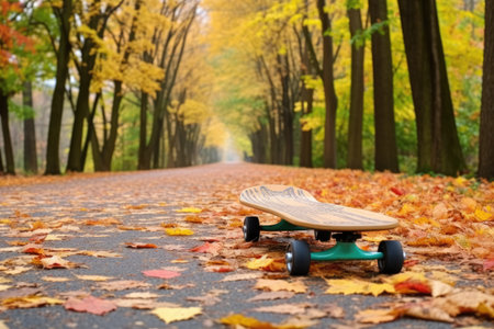 longboard leaning on a park bench with autumn foliage, created with generative aiの素材