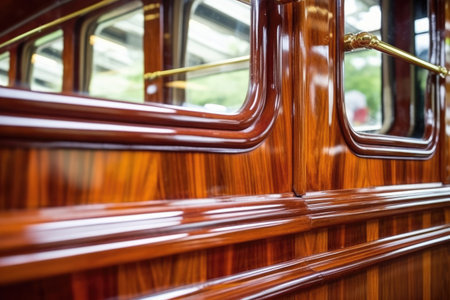 close-up of polished, wooden interior details of a luxury train, created with generative aiの素材