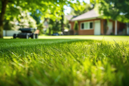 lawn mower trimming green grass, created with generative aiの素材