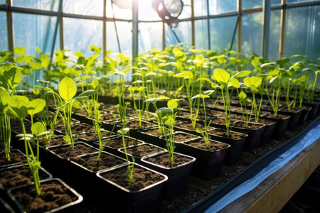 a greenhouse corner with seedlings under a grow light, created with generative aiの素材