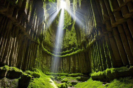 sunbeam between pyramid crevices, moss included, created with generative aiの素材