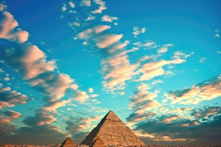 turquoise sky contrasted by pyramid outline, created with generative aiの素材