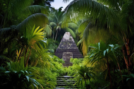 silent moonlit pyramid amidst tropical foliage, created with generative aiの素材