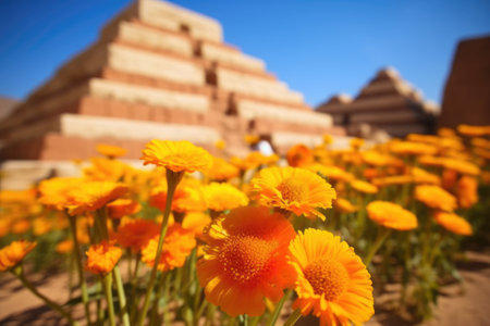 blooming bright flowers near pyramid base, created with generative aiの素材