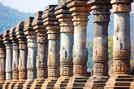 detailed view of a temples sculpted pillars, created with generative aiの素材