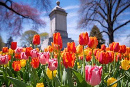 colorful spring tulips surrounding a park monument, created with generative aiの素材