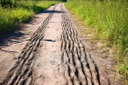 snapshot of bike tire trails on a dirt path, created with generative aiの素材