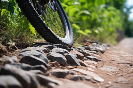 close-up of a bicycle tire on a rocky trail, created with generative aiの素材